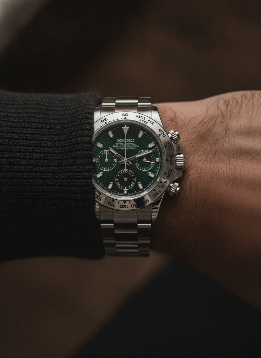 Montre Seiko Mod SEIKONA argent verte portée au poignet