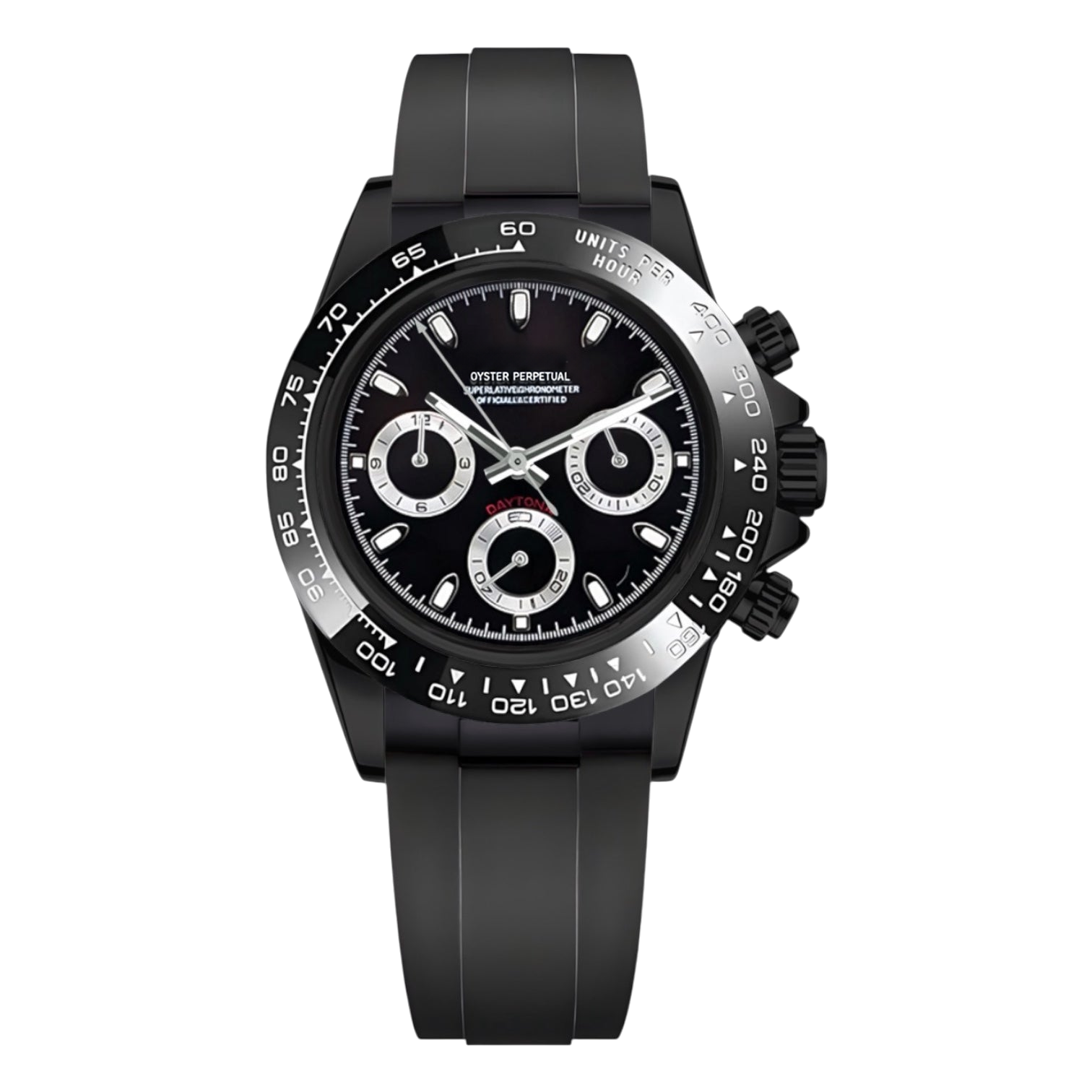 Montre Seiko mod SEIKONA black edition caoutchouc, sur fond blanc — Time2Seiko