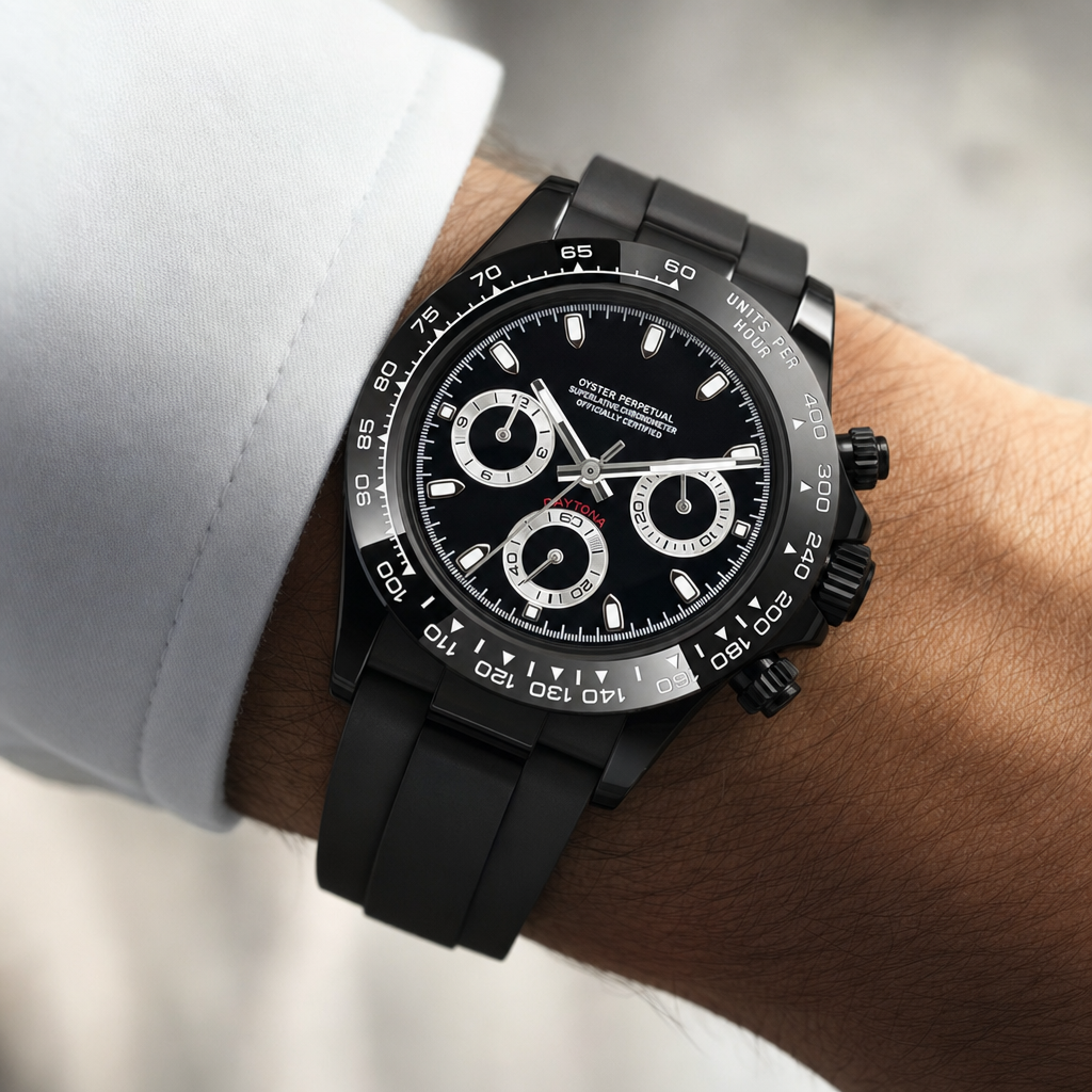 Montre Seiko mod SEIKONA black edition caoutchouc portée au poignet — Time2Seiko