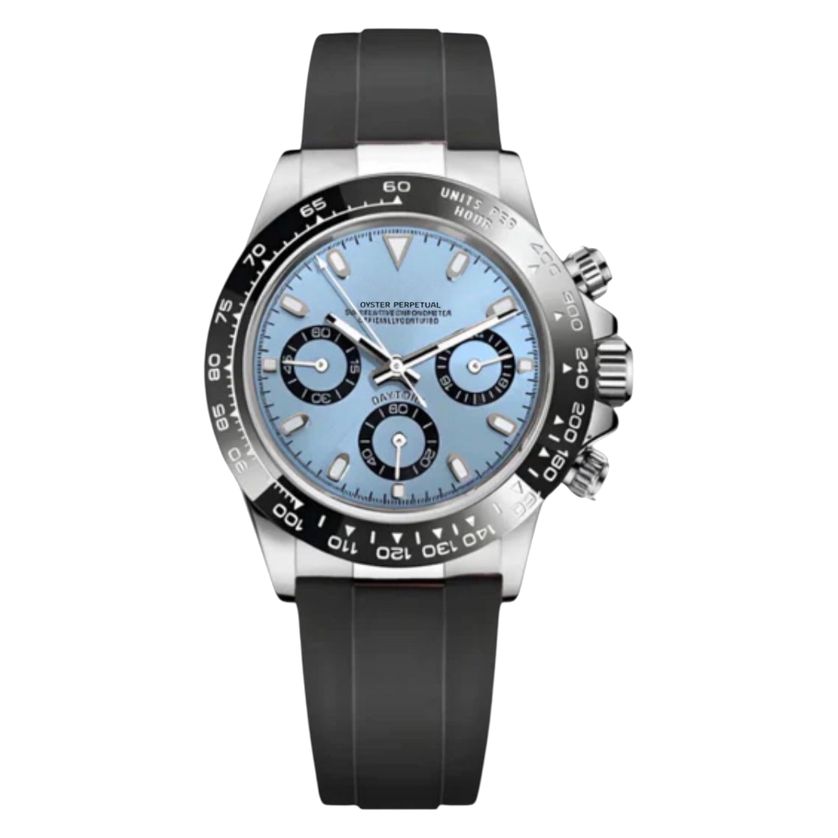 Montre Seiko mod SEIKONA bleu glacier caoutchouc, sur fond blanc — Time2Seiko