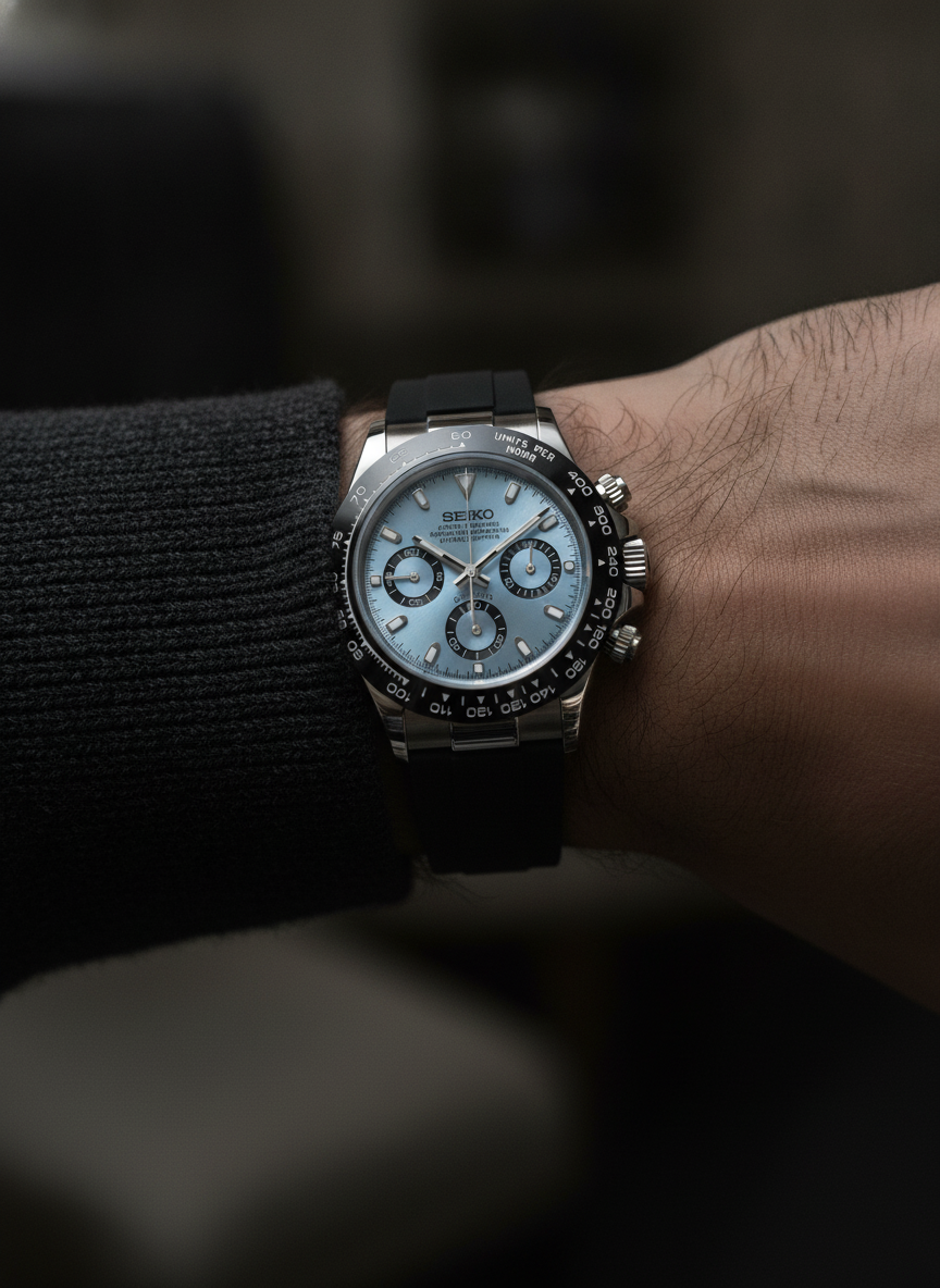 Montre Seiko Mod SEIKONA bleu glacier caoutchouc portée au poignet