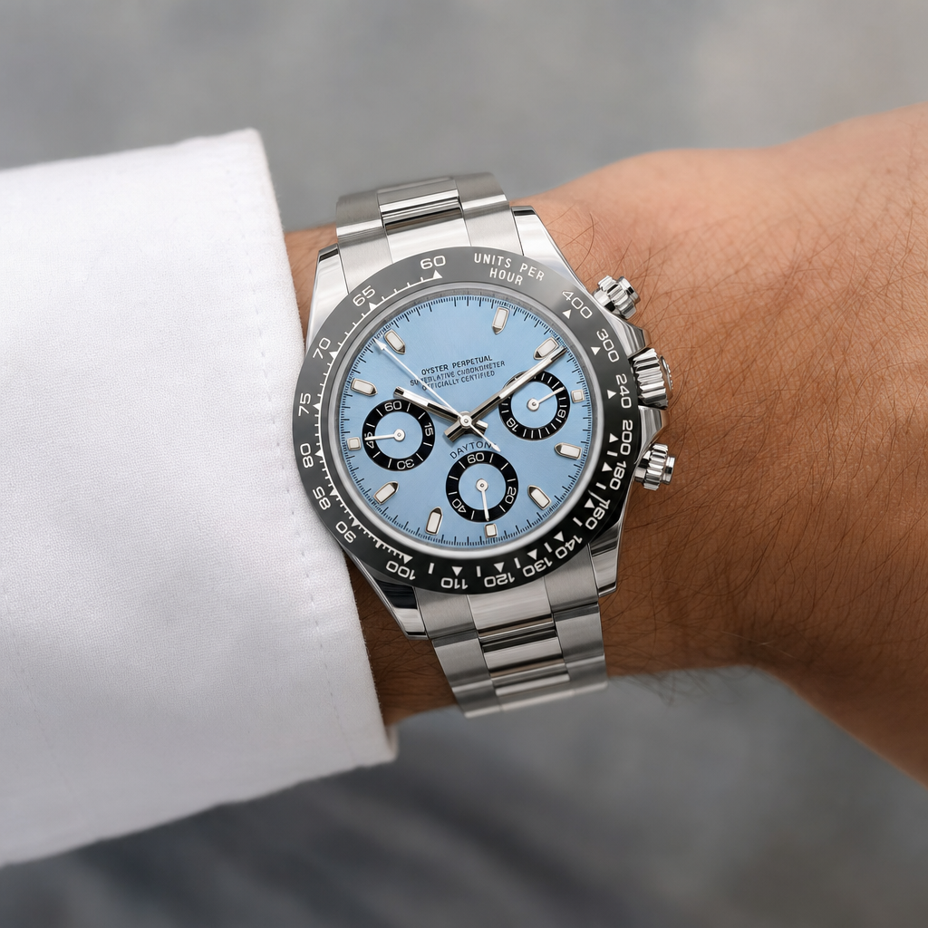 Montre Seiko mod SEIKONA bleu glacier portée au poignet — Time2Seiko