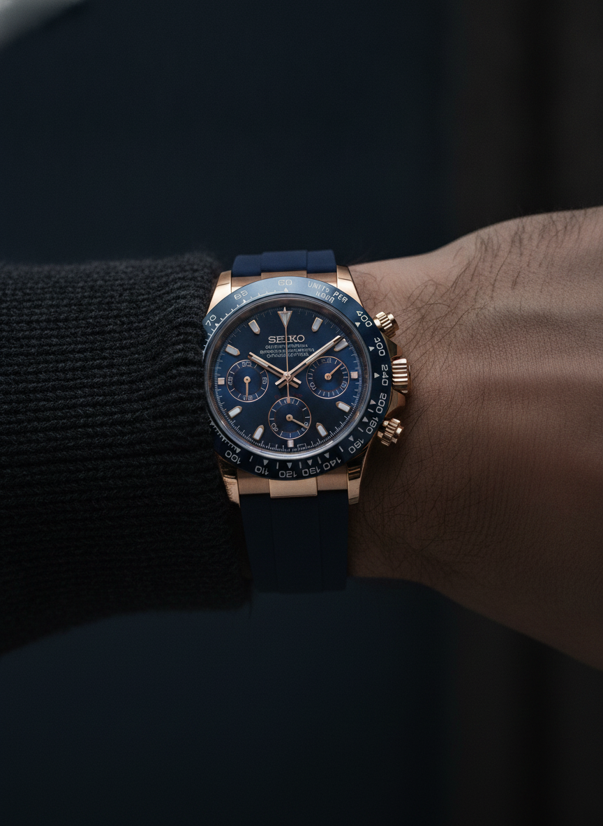 Montre Seiko Mod SEIKONA bleu roi caoutchouc portée au poignet