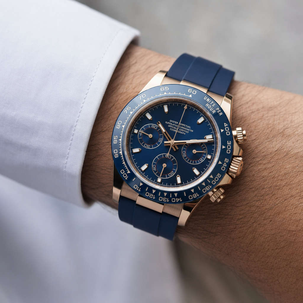 Montre Seiko mod SEIKONA bleu roi caoutchouc portée au poignet — Time2Seiko