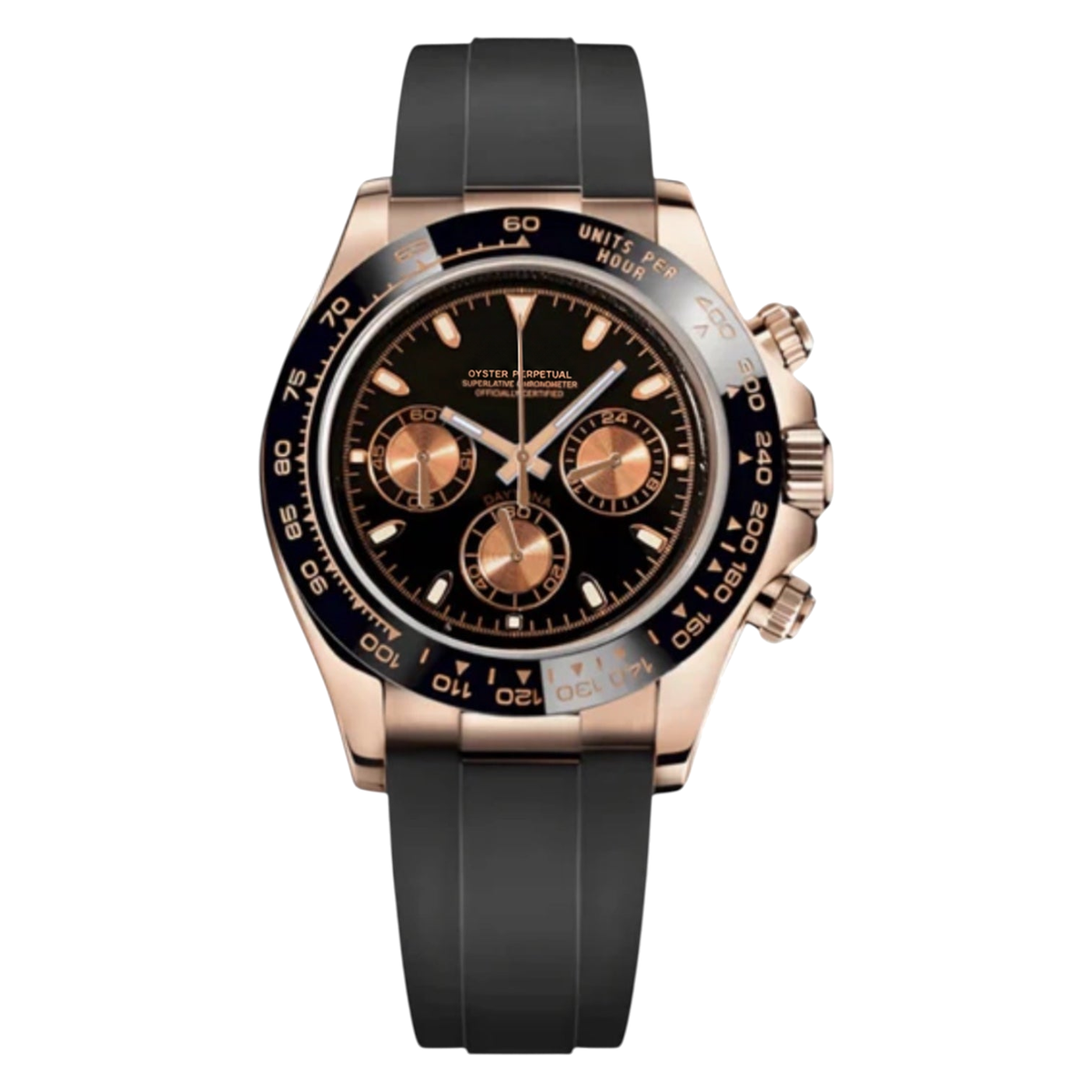 Montre Seiko mod SEIKONA or rose caoutchouc, sur fond blanc — Time2Seiko