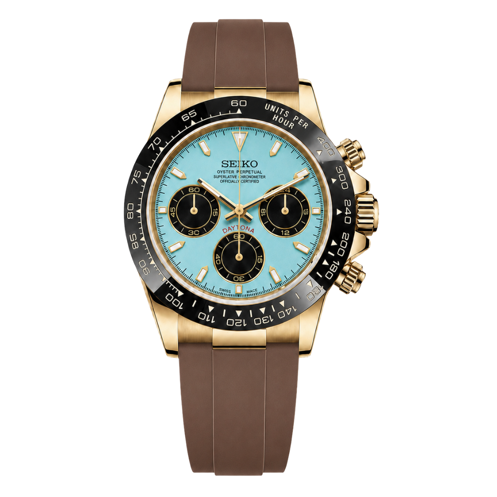 Montre Seiko Mod SEIKONA or tiffany marron caoutchouc - Time2Seiko