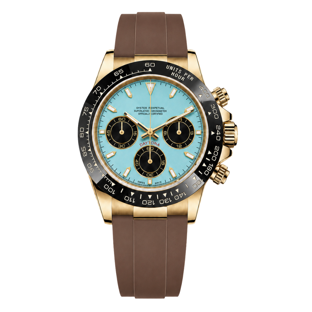 Montre Seiko mod SEIKONA or tiffany marron caoutchouc, sur fond blanc — Time2Seiko