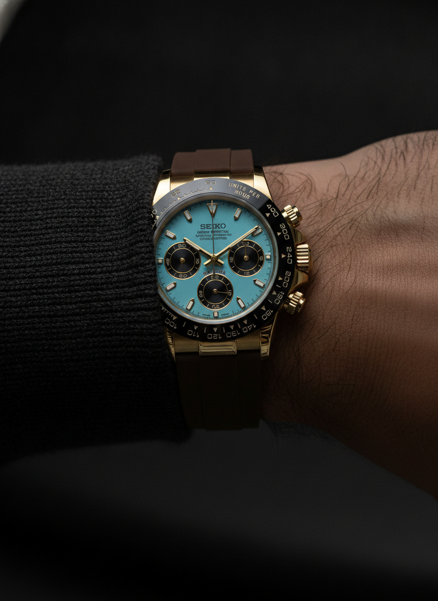Montre Seiko Mod SEIKONA or tiffany marron caoutchouc portée au poignet