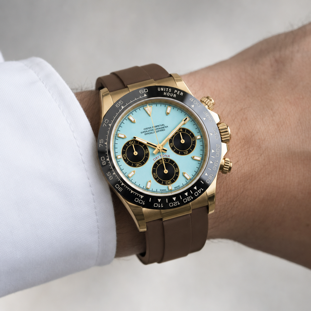 Montre Seiko mod SEIKONA or tiffany marron caoutchouc portée au poignet — Time2Seiko