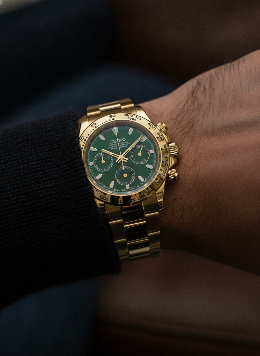 Montre Seiko Mod SEIKONA or verte portée au poignet