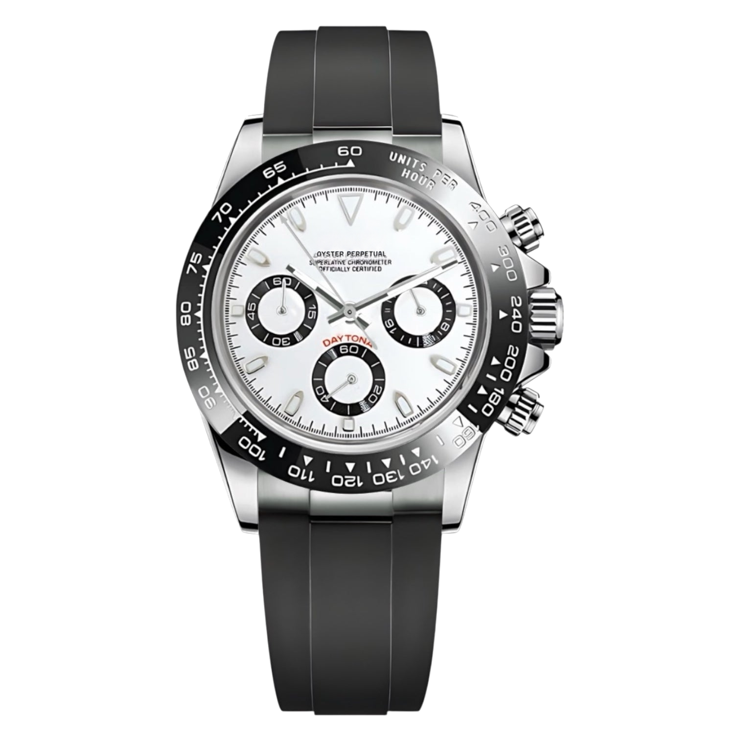 Montre Seiko mod SEIKONA panda caoutchouc, sur fond blanc — Time2Seiko