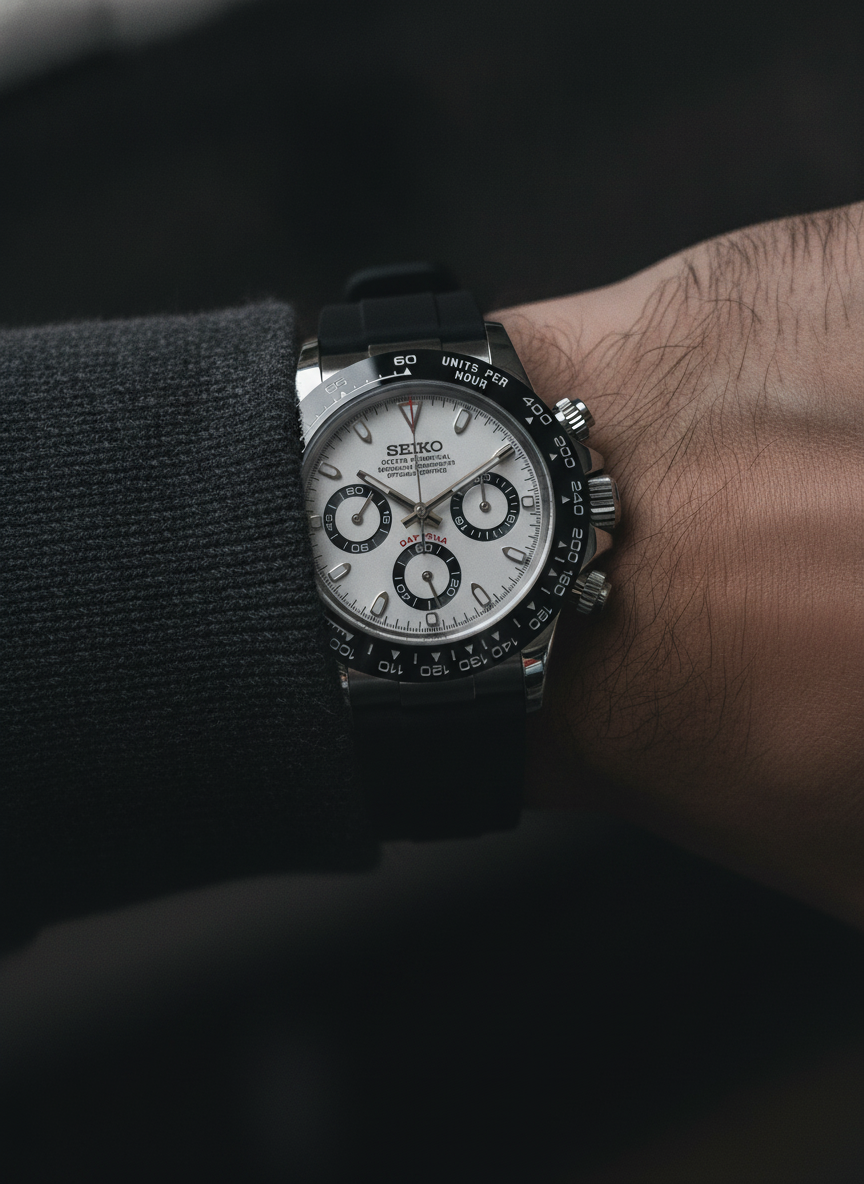 Montre Seiko Mod SEIKONA panda caoutchouc portée au poignet