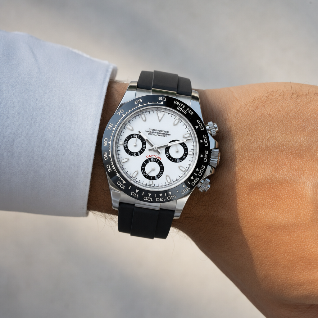 Montre Seiko mod SEIKONA panda caoutchouc portée au poignet — Time2Seiko