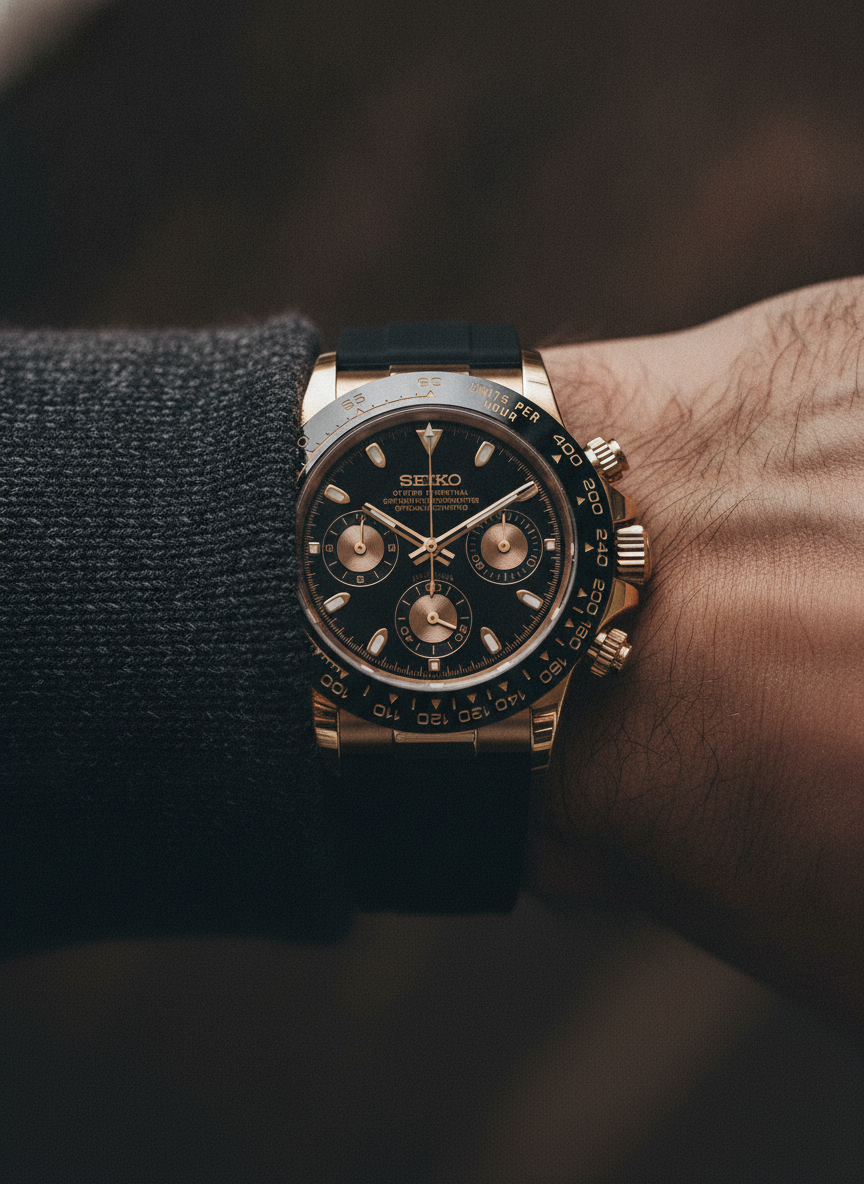 Montre Seiko Mod SEIKONA rose noire portée au poignet