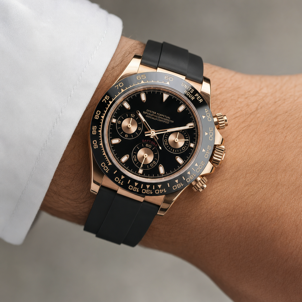 Montre Seiko mod SEIKONA rose noire portée au poignet — Time2Seiko