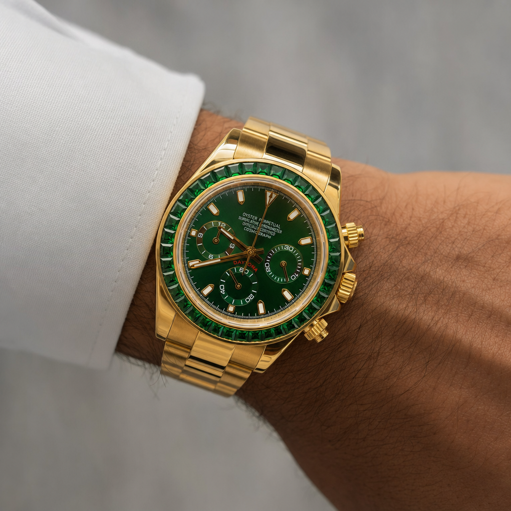 Montre Seiko mod SEIKONA Rubis vert dorée portée au poignet — Time2Seiko