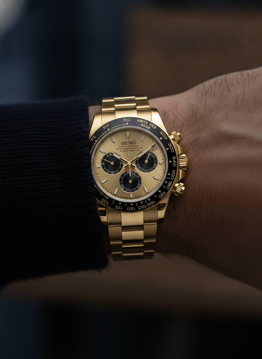 Montre Seiko Mod SEIKONA triple or portée au poignet