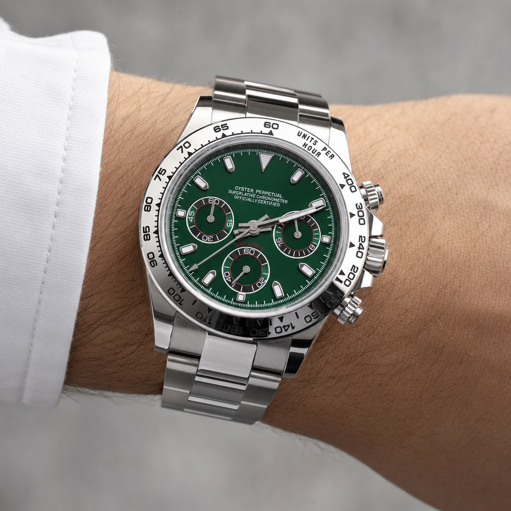 Montre Seiko mod SEIKONA verte portée au poignet — Time2Seiko