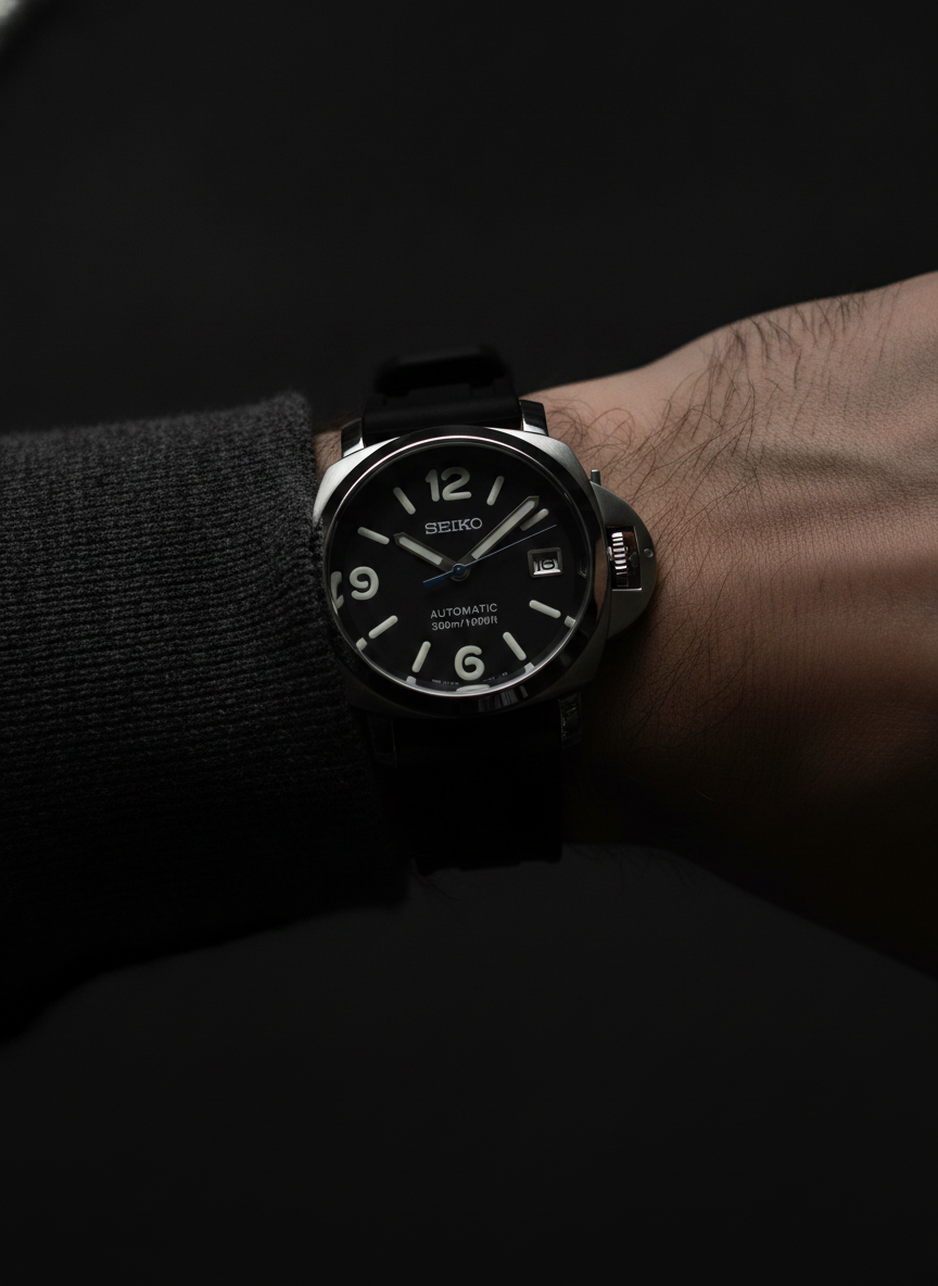Montre Seiko Mod SEIKOPANEI noire caoutchouc portée au poignet
