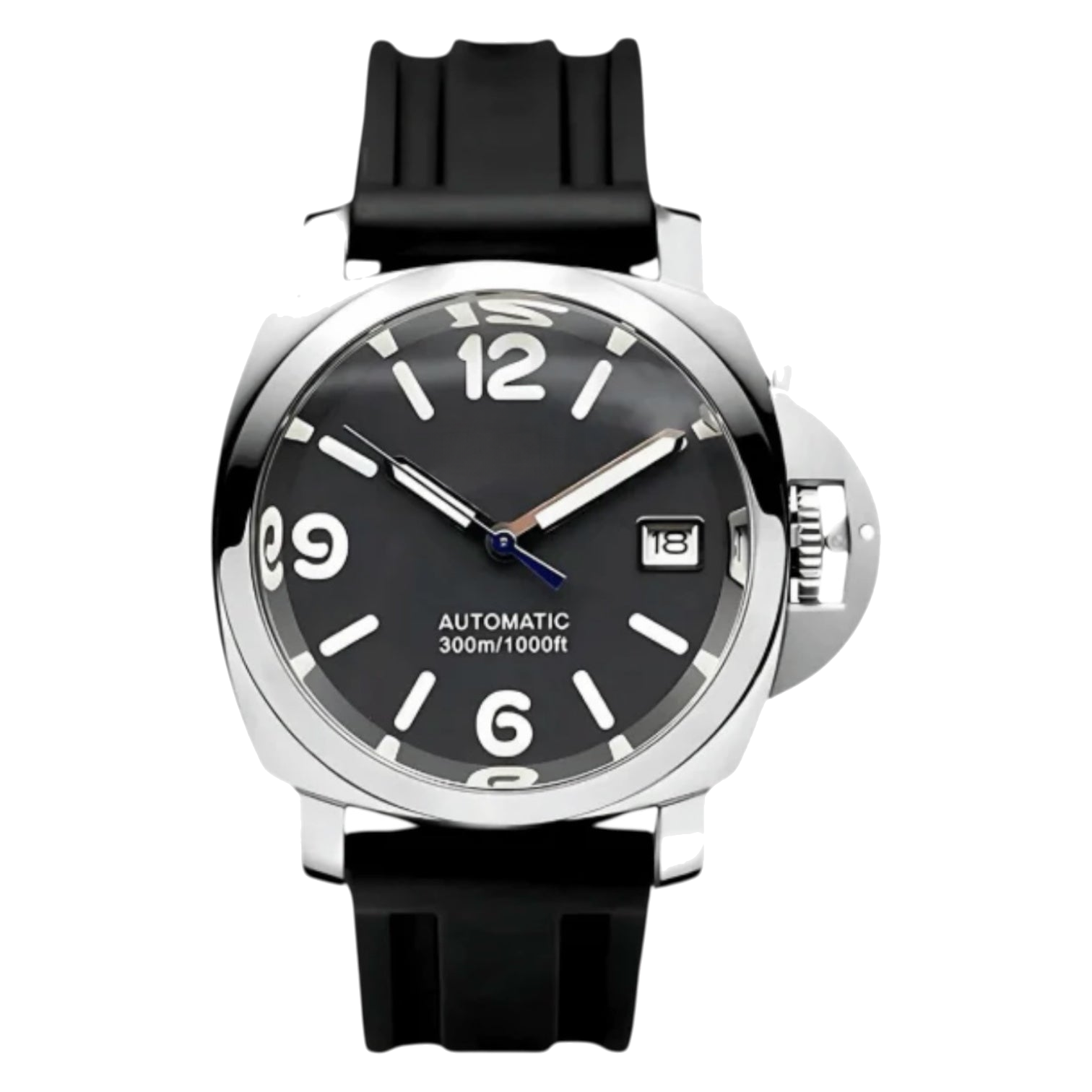 Montre Seiko mod SEIKOPANEI noire caoutchouc, sur fond blanc — Time2Seiko
