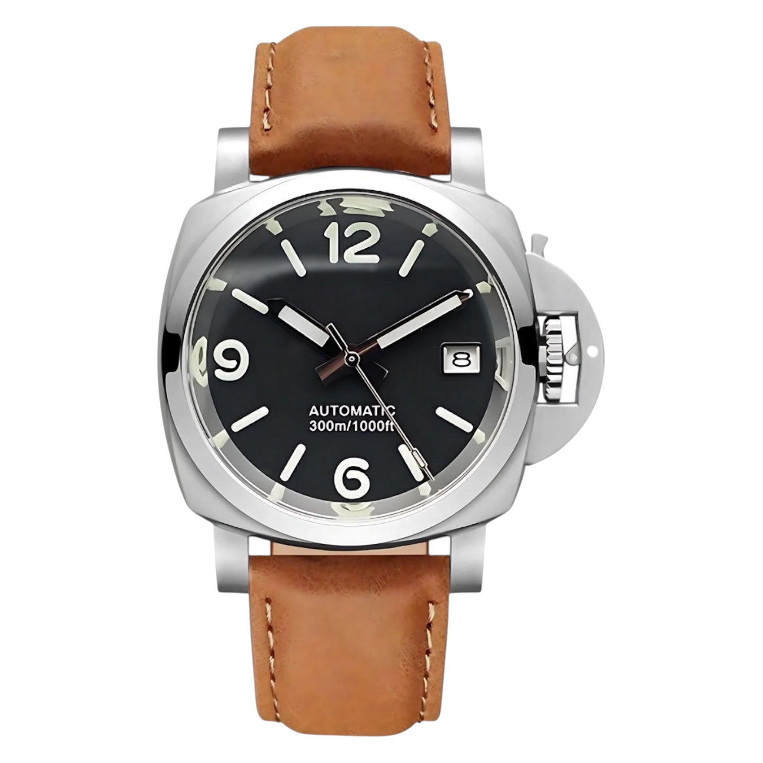 Montre Seiko mod SEIKOPANEI sable cuir, sur fond blanc — Time2Seiko