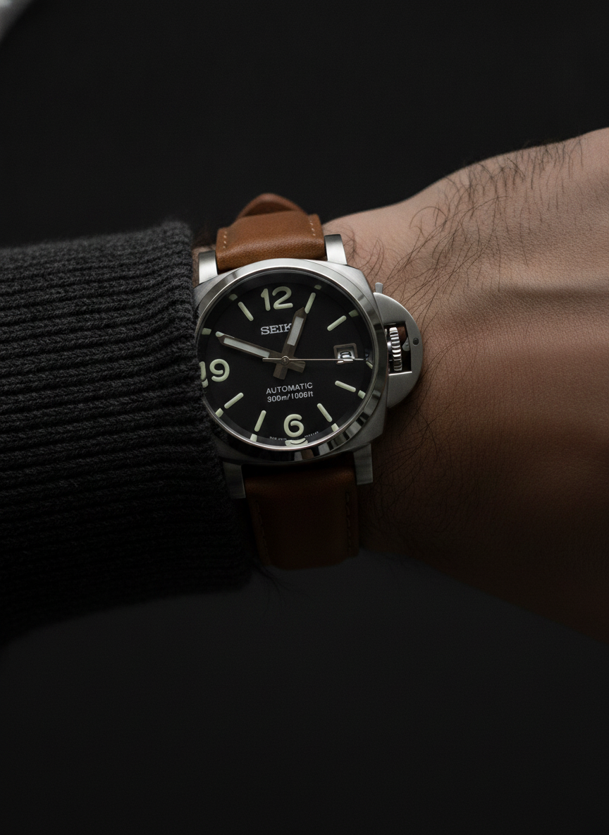 Montre Seiko Mod SEIKOPANEI sable cuir portée au poignet