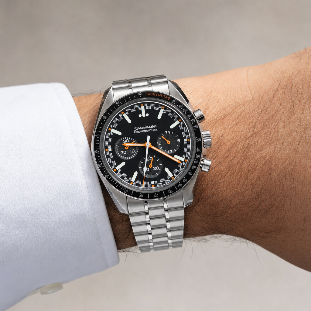 Montre Seiko mod SEIKOSPEED noire & orange portée au poignet — Time2Seiko